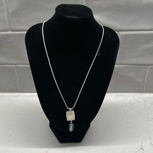 Vintage Silver Mother of Pearl Art Deco Necklace with Turquoise Bead